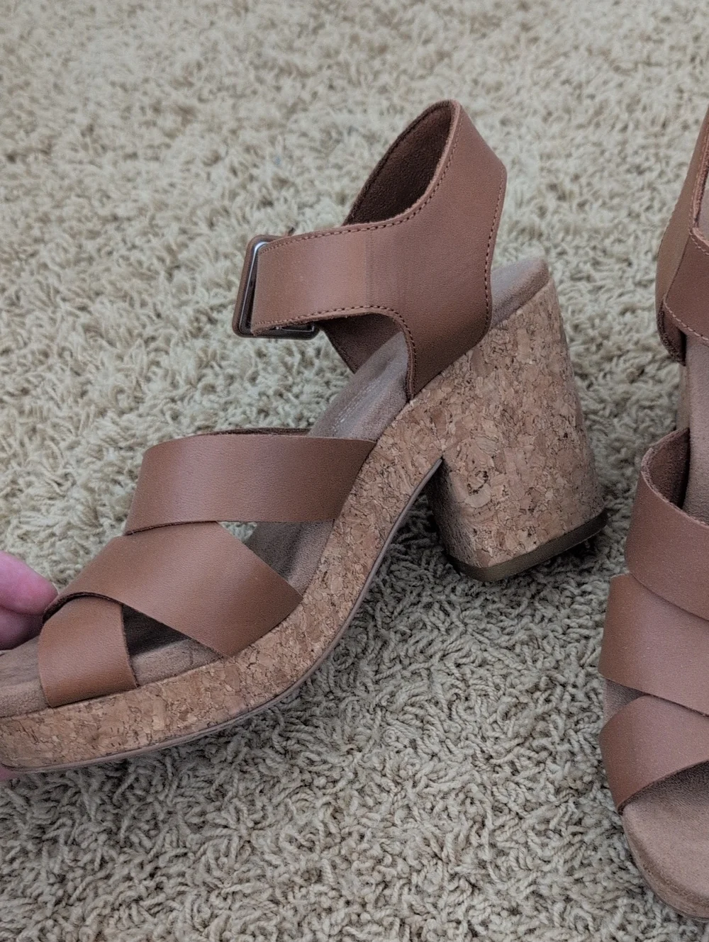 TOMS Ava Brown Leather Cork Block Heel Sandal 6.5